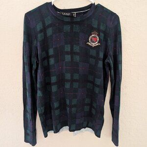 Ralph Lauren Black Label Plaid Crested Long Sleeved Sweater Size L